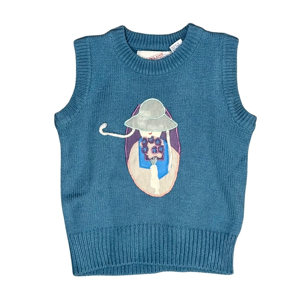 Vintage The Eagle's Eye Kids Blue Knit Sweater Vest Girl Sun Hat Applique M 5-6
